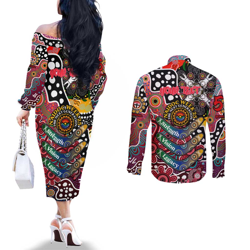 Personalised Saints AFL Celebrating 50 Years of Naidoc Couples Matching Off The Shoulder Long Sleeve Dress and Long Sleeve Button Shirt NAIDOC Week 2025 Aboriginal