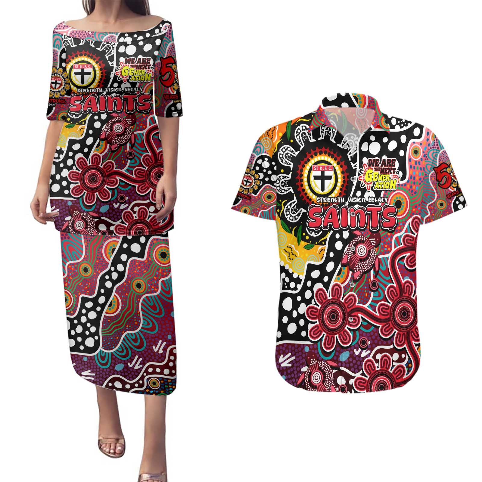 Personalised Saints AFL Celebrating 50 Years of Naidoc Couples Matching Puletasi and Hawaiian Shirt NAIDOC Week 2025 Aboriginal