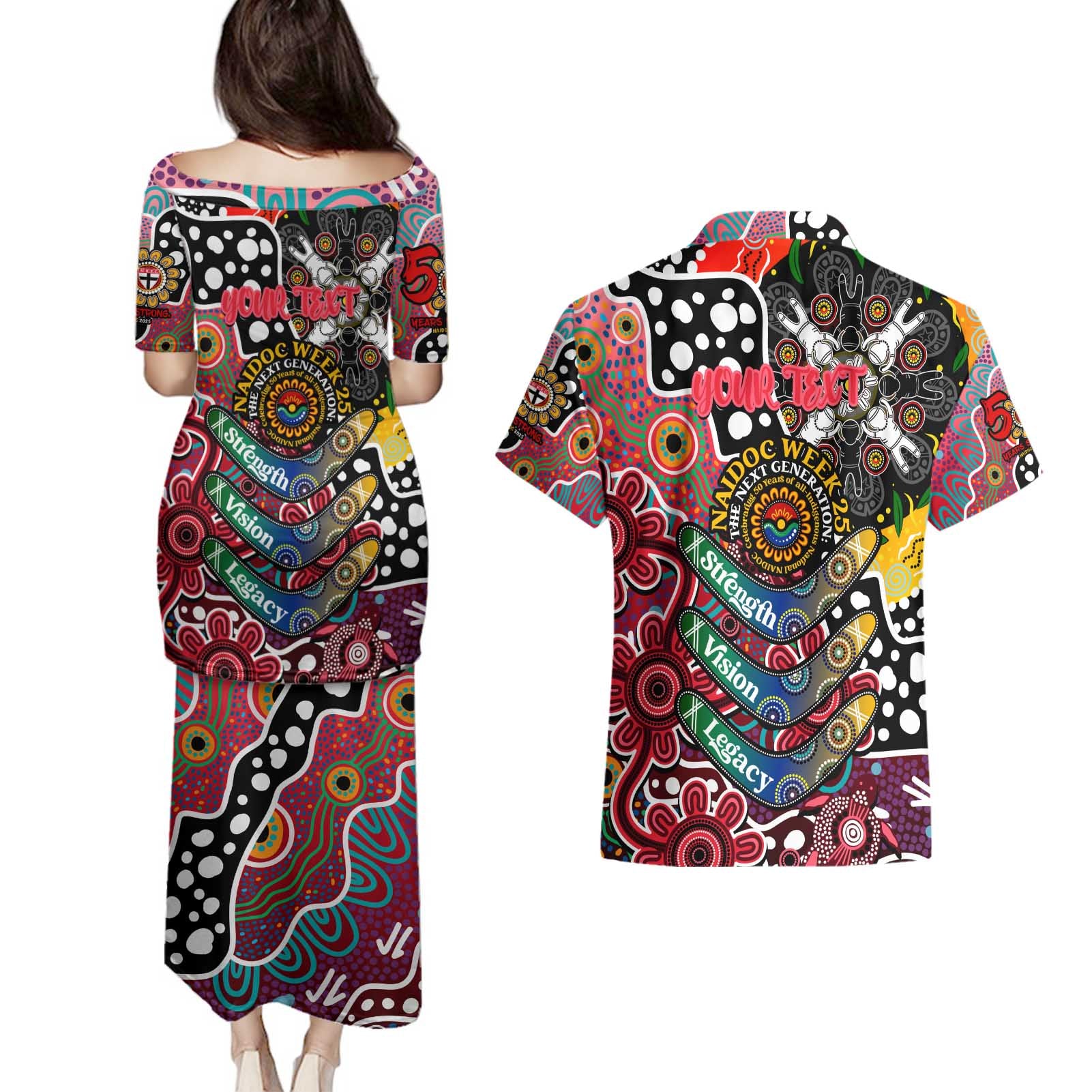 Personalised Saints AFL Celebrating 50 Years of Naidoc Couples Matching Puletasi and Hawaiian Shirt NAIDOC Week 2025 Aboriginal