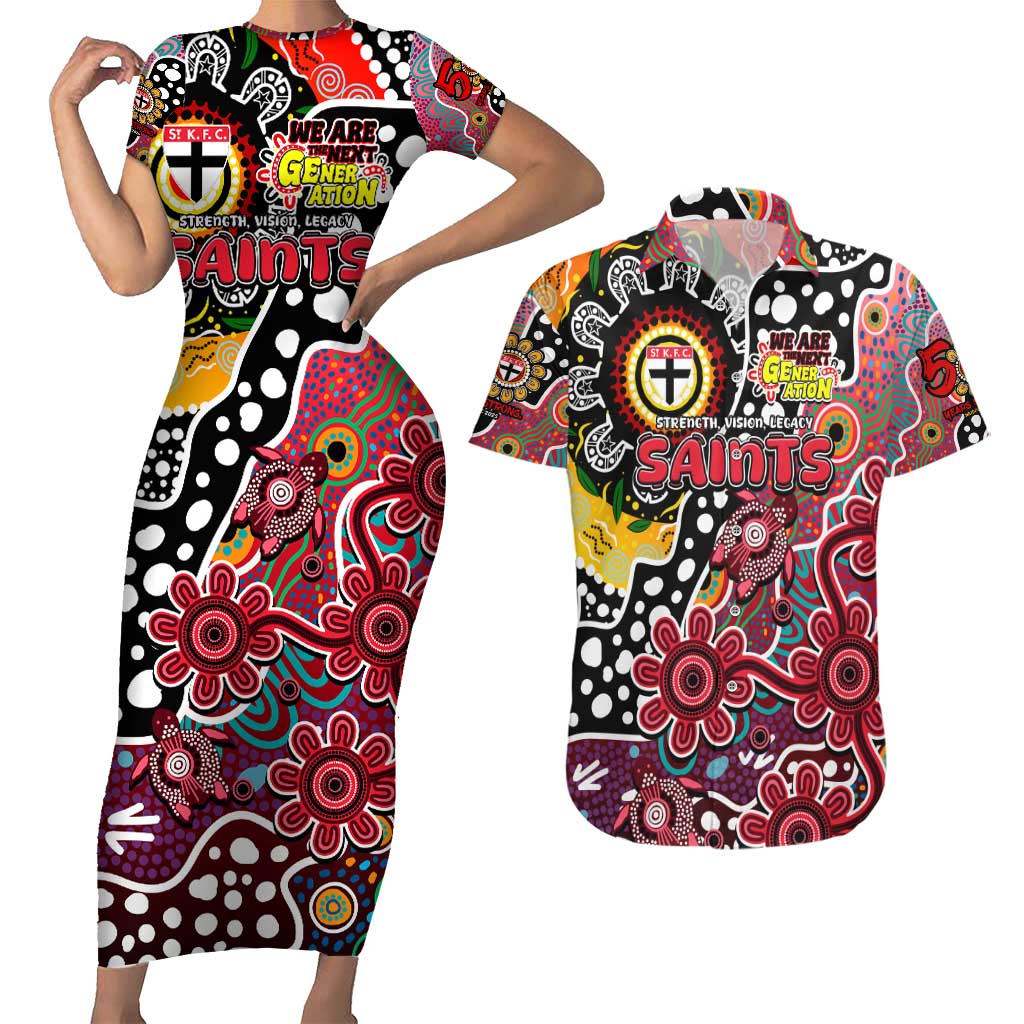 Personalised Saints AFL Celebrating 50 Years of Naidoc Couples Matching Short Sleeve Bodycon Dress and Hawaiian Shirt NAIDOC Week 2025 Aboriginal