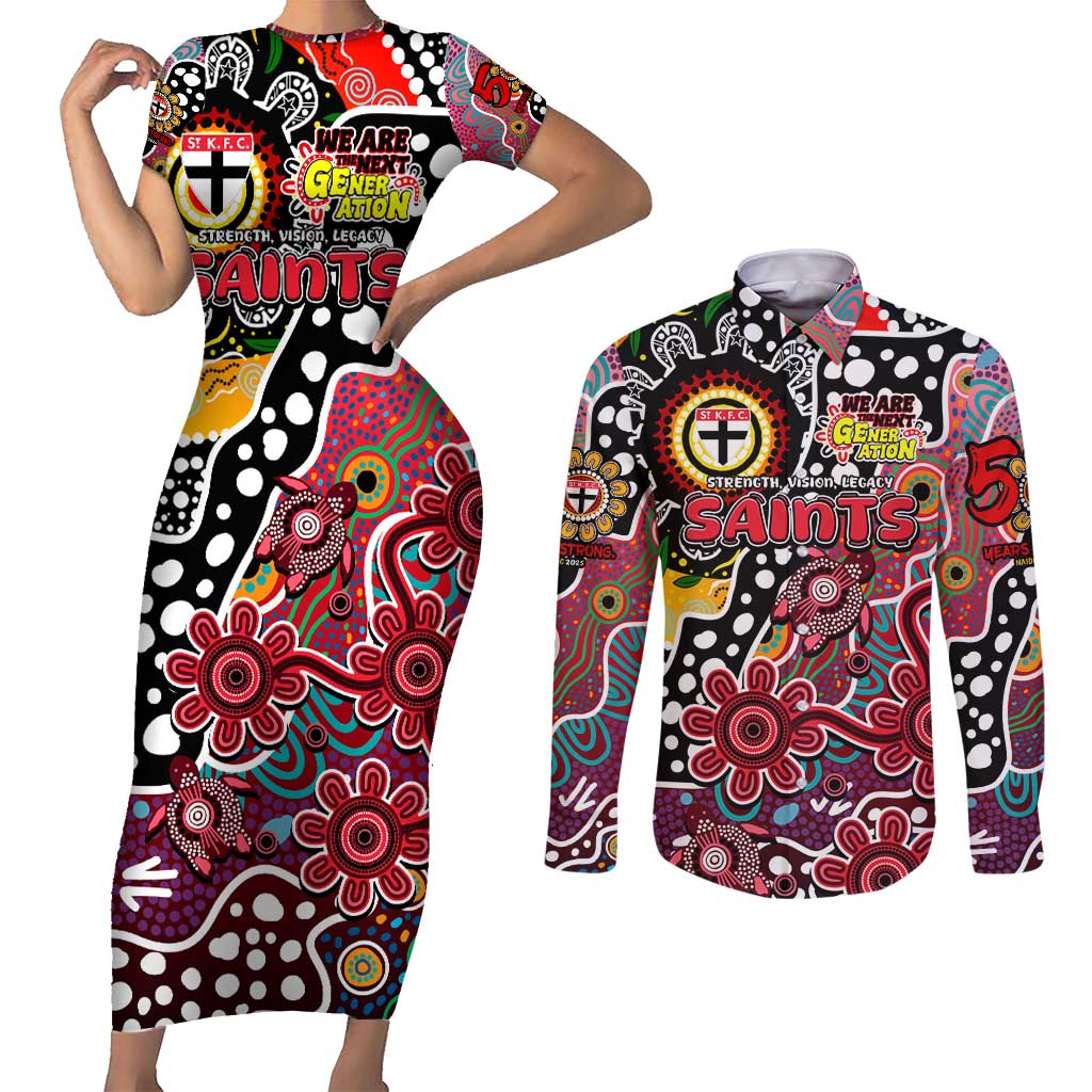 Personalised Saints AFL Celebrating 50 Years of Naidoc Couples Matching Short Sleeve Bodycon Dress and Long Sleeve Button Shirt NAIDOC Week 2025 Aboriginal