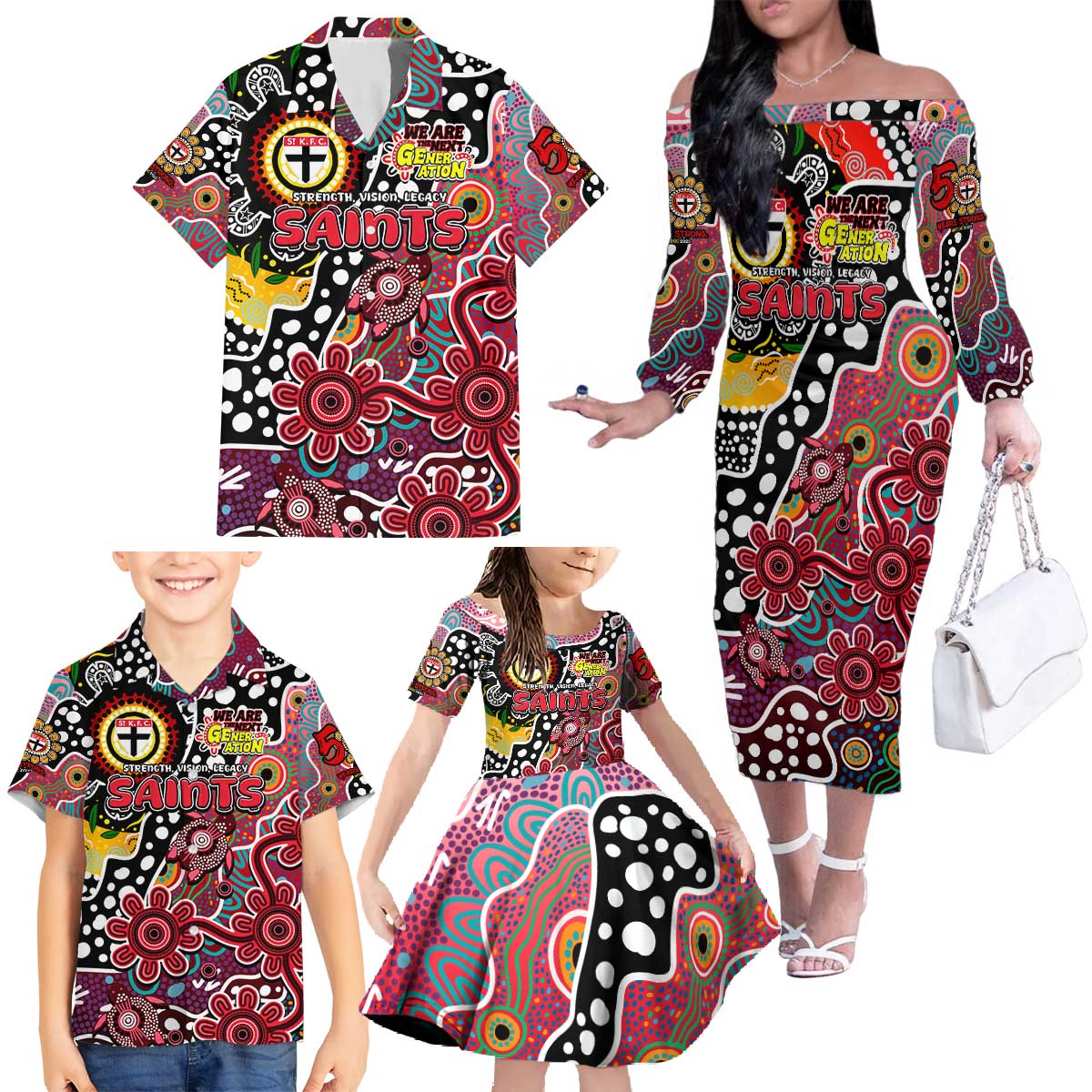 Personalised Saints AFL Celebrating 50 Years of Naidoc Family Matching Off The Shoulder Long Sleeve Dress and Hawaiian Shirt NAIDOC Week 2025 Aboriginal