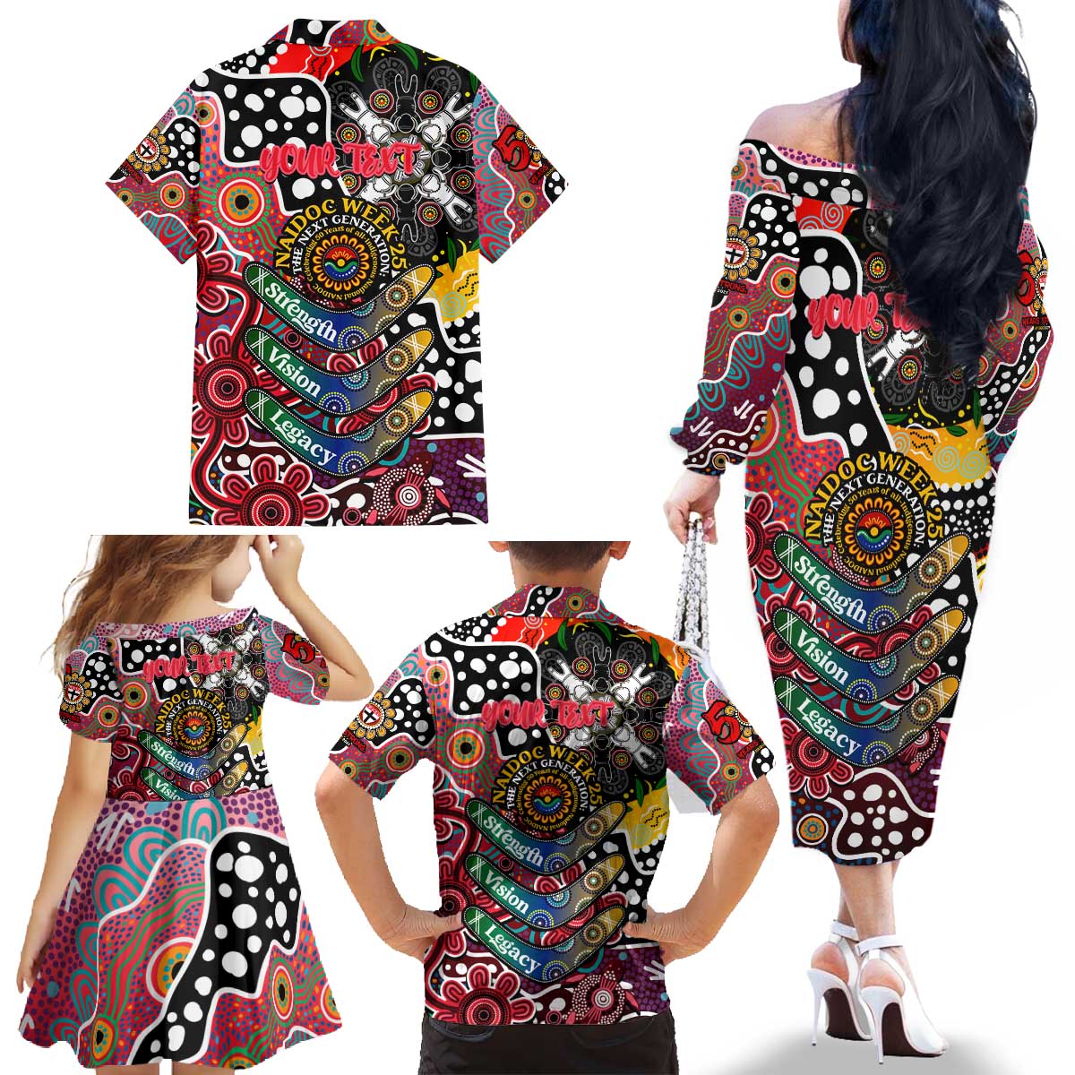 Personalised Saints AFL Celebrating 50 Years of Naidoc Family Matching Off The Shoulder Long Sleeve Dress and Hawaiian Shirt NAIDOC Week 2025 Aboriginal