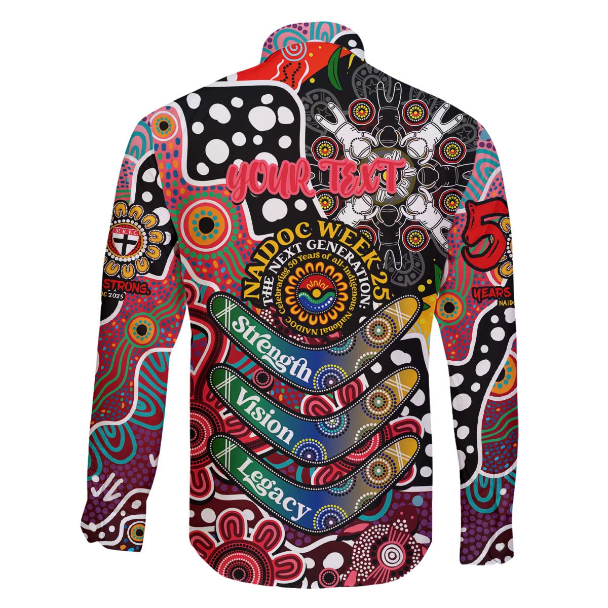 Personalised Saints AFL Celebrating 50 Years of Naidoc Family Matching Off The Shoulder Long Sleeve Dress and Hawaiian Shirt NAIDOC Week 2025 Aboriginal