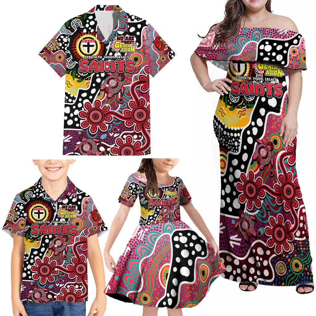 Personalised Saints AFL Celebrating 50 Years of Naidoc Family Matching Off Shoulder Maxi Dress and Hawaiian Shirt NAIDOC Week 2025 Aboriginal