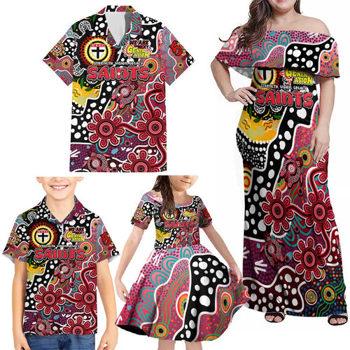 Personalised Saints AFL Celebrating 50 Years of Naidoc Family Matching Off Shoulder Maxi Dress and Hawaiian Shirt NAIDOC Week 2025 Aboriginal