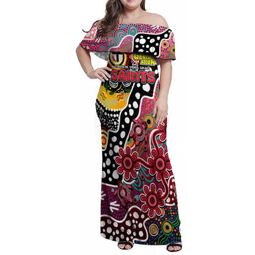 Personalised Saints AFL Celebrating 50 Years of Naidoc Family Matching Off Shoulder Maxi Dress and Hawaiian Shirt NAIDOC Week 2025 Aboriginal