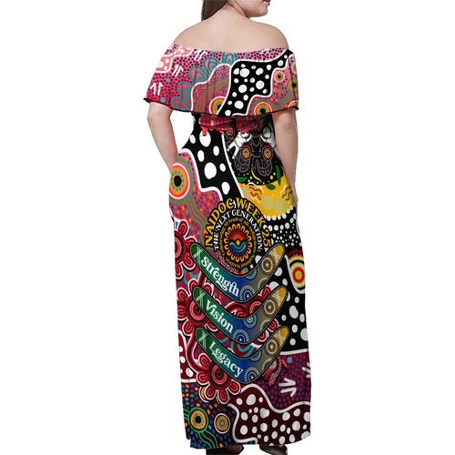 Personalised Saints AFL Celebrating 50 Years of Naidoc Family Matching Off Shoulder Maxi Dress and Hawaiian Shirt NAIDOC Week 2025 Aboriginal