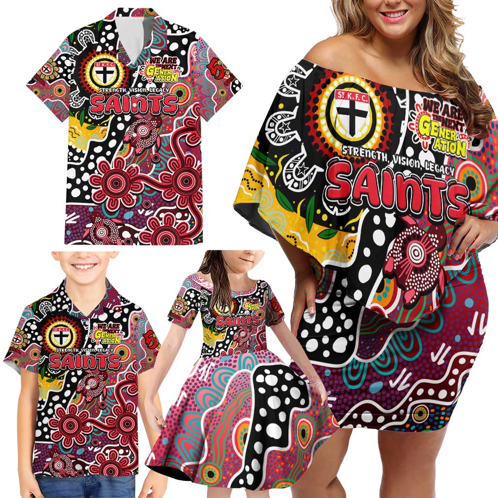 Personalised Saints AFL Celebrating 50 Years of Naidoc Family Matching Off Shoulder Short Dress and Hawaiian Shirt NAIDOC Week 2025 Aboriginal