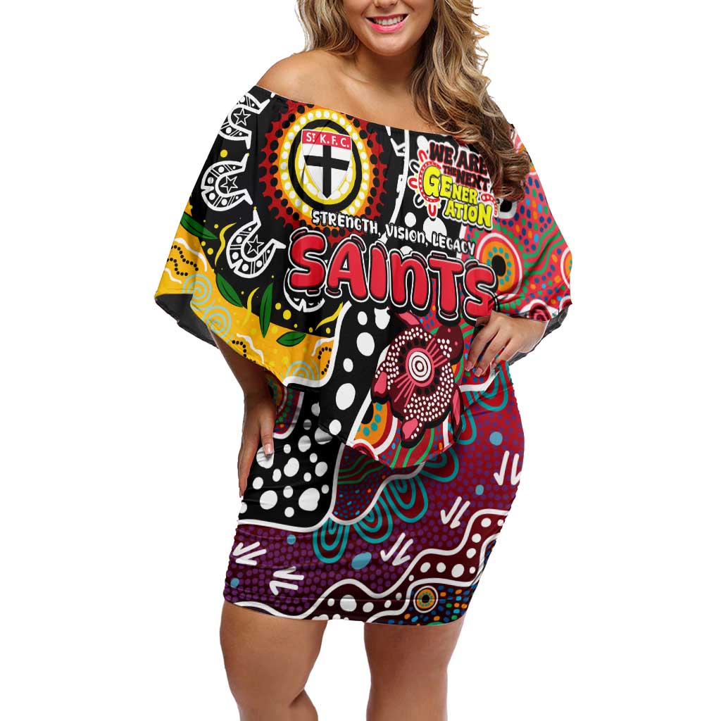 Personalised Saints AFL Celebrating 50 Years of Naidoc Family Matching Off Shoulder Short Dress and Hawaiian Shirt NAIDOC Week 2025 Aboriginal