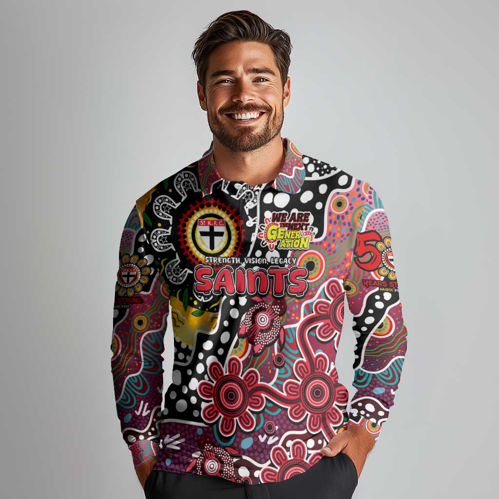 Personalised Saints AFL Celebrating 50 Years of Naidoc Long Sleeve Polo Shirt NAIDOC Week 2025 Aboriginal