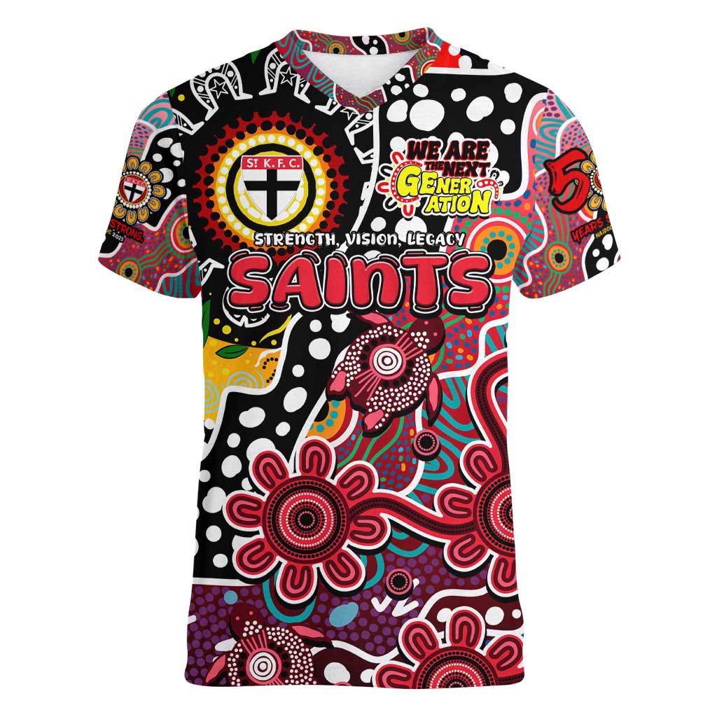 Personalised Saints AFL Celebrating 50 Years of Naidoc Women V-Neck T-Shirt NAIDOC Week 2025 Aboriginal