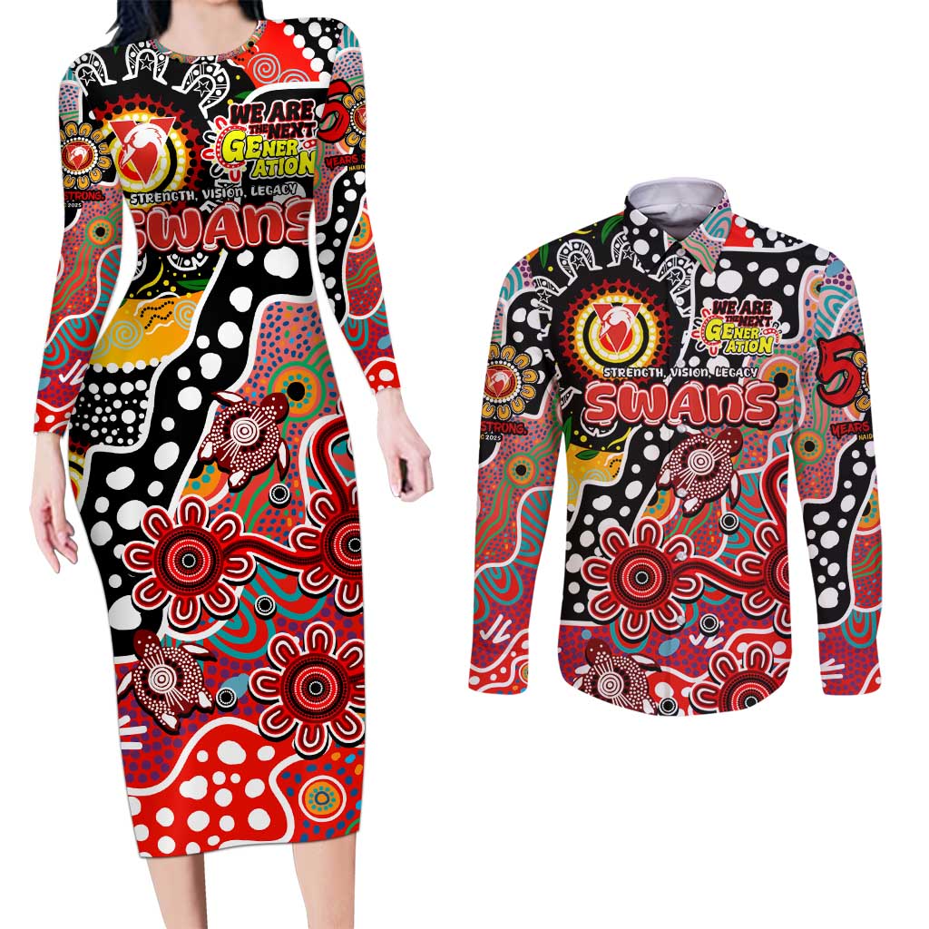 Personalised Swans AFL Celebrating 50 Years of Naidoc Couples Matching Long Sleeve Bodycon Dress and Long Sleeve Button Shirt NAIDOC Week 2025 Aboriginal