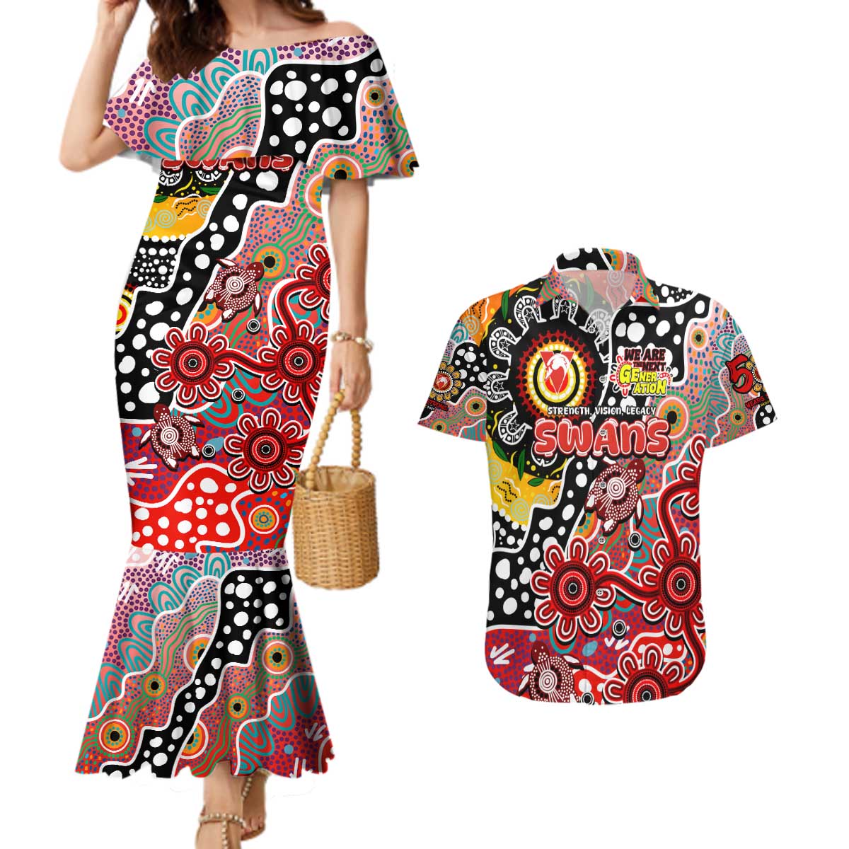 Personalised Swans AFL Celebrating 50 Years of Naidoc Couples Matching Mermaid Dress and Hawaiian Shirt NAIDOC Week 2025 Aboriginal
