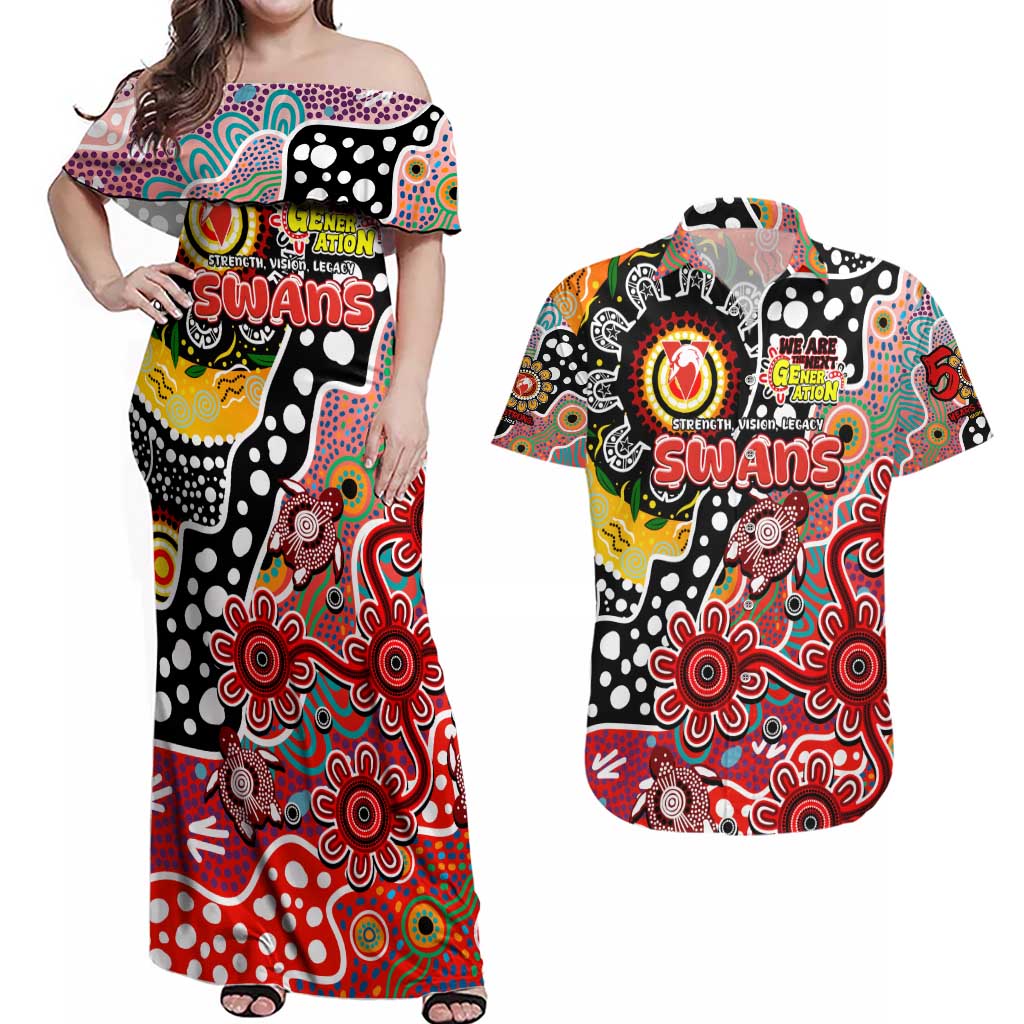Personalised Swans AFL Celebrating 50 Years of Naidoc Couples Matching Off Shoulder Maxi Dress and Hawaiian Shirt NAIDOC Week 2025 Aboriginal