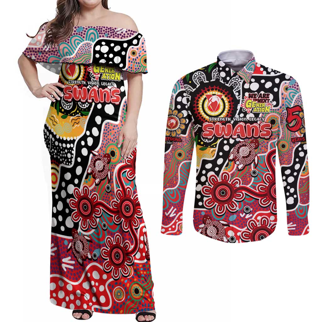 Personalised Swans AFL Celebrating 50 Years of Naidoc Couples Matching Off Shoulder Maxi Dress and Long Sleeve Button Shirt NAIDOC Week 2025 Aboriginal