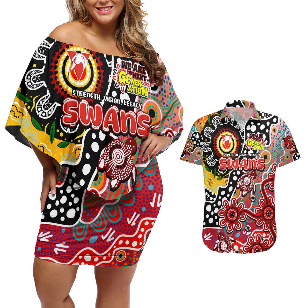 Personalised Swans AFL Celebrating 50 Years of Naidoc Couples Matching Off Shoulder Short Dress and Hawaiian Shirt NAIDOC Week 2025 Aboriginal