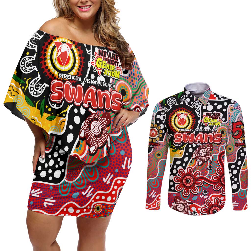 Personalised Swans AFL Celebrating 50 Years of Naidoc Couples Matching Off Shoulder Short Dress and Long Sleeve Button Shirt NAIDOC Week 2025 Aboriginal