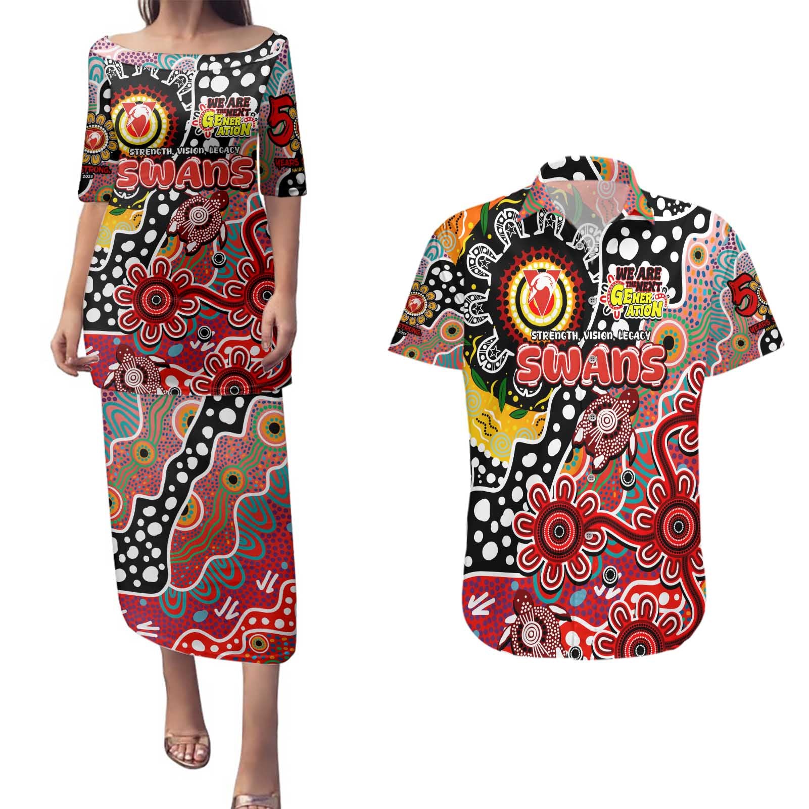 Personalised Swans AFL Celebrating 50 Years of Naidoc Couples Matching Puletasi and Hawaiian Shirt NAIDOC Week 2025 Aboriginal