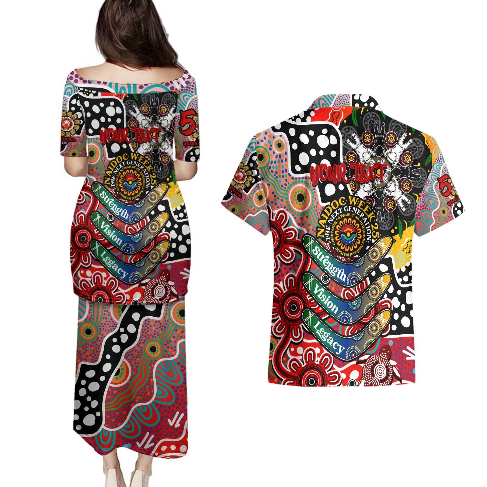 Personalised Swans AFL Celebrating 50 Years of Naidoc Couples Matching Puletasi and Hawaiian Shirt NAIDOC Week 2025 Aboriginal