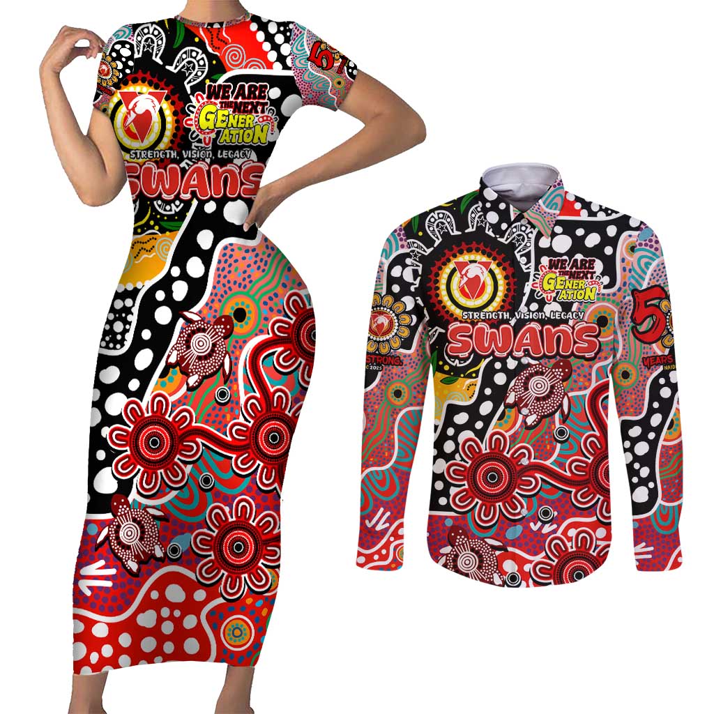 Personalised Swans AFL Celebrating 50 Years of Naidoc Couples Matching Short Sleeve Bodycon Dress and Long Sleeve Button Shirt NAIDOC Week 2025 Aboriginal