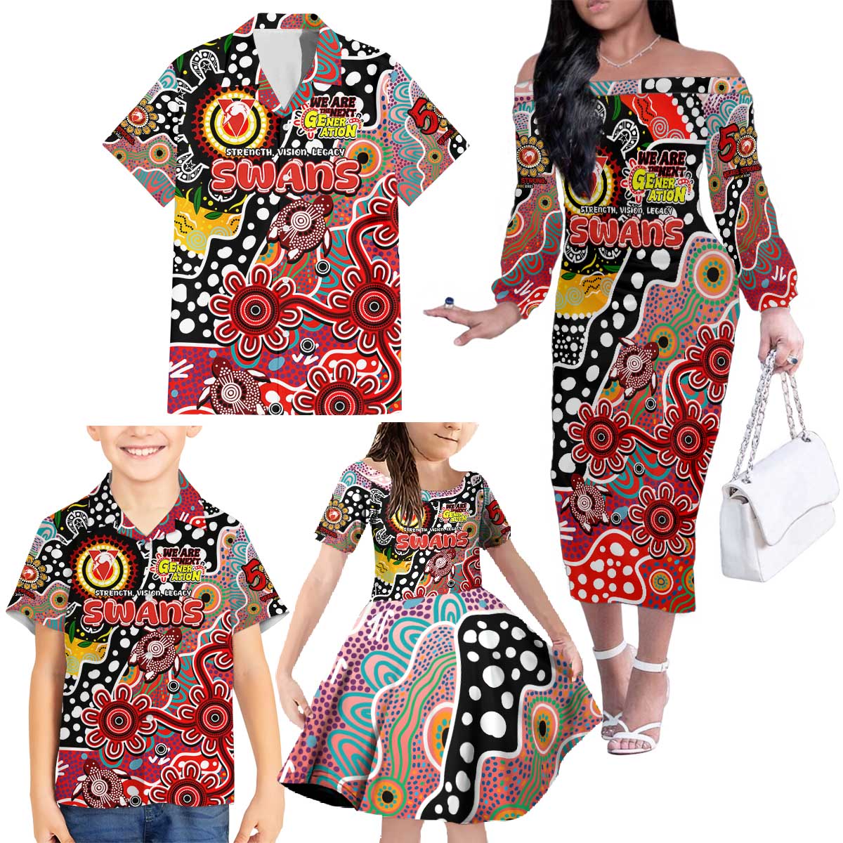 Personalised Swans AFL Celebrating 50 Years of Naidoc Family Matching Off The Shoulder Long Sleeve Dress and Hawaiian Shirt NAIDOC Week 2025 Aboriginal