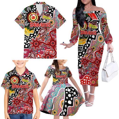 Personalised Swans AFL Celebrating 50 Years of Naidoc Family Matching Off The Shoulder Long Sleeve Dress and Hawaiian Shirt NAIDOC Week 2025 Aboriginal