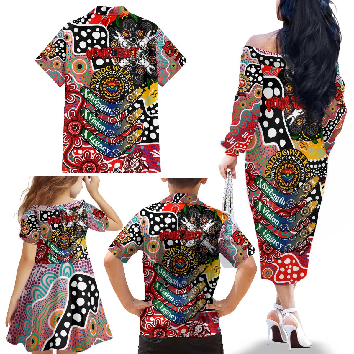 Personalised Swans AFL Celebrating 50 Years of Naidoc Family Matching Off The Shoulder Long Sleeve Dress and Hawaiian Shirt NAIDOC Week 2025 Aboriginal