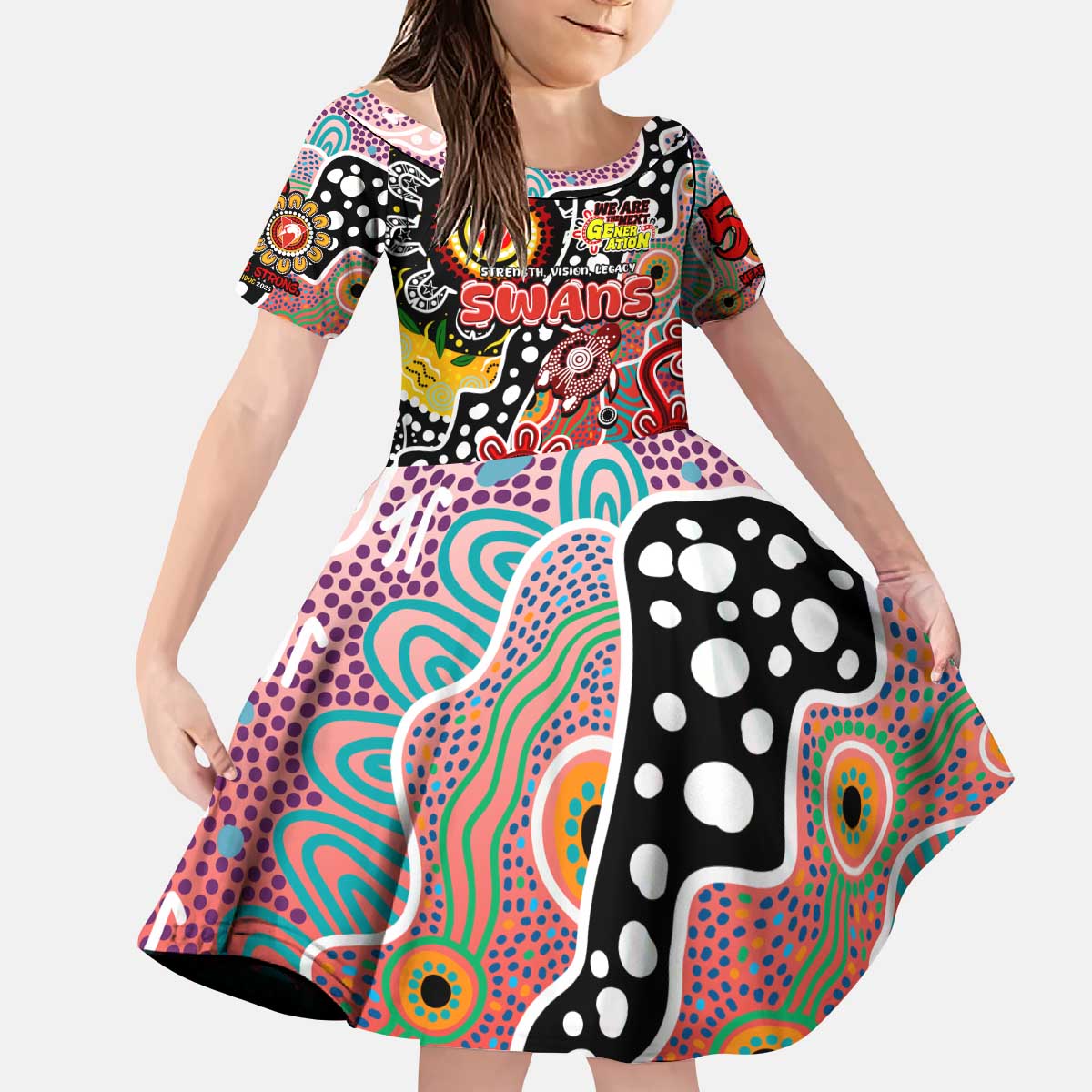Personalised Swans AFL Celebrating 50 Years of Naidoc Kid Short Sleeve Dress NAIDOC Week 2025 Aboriginal