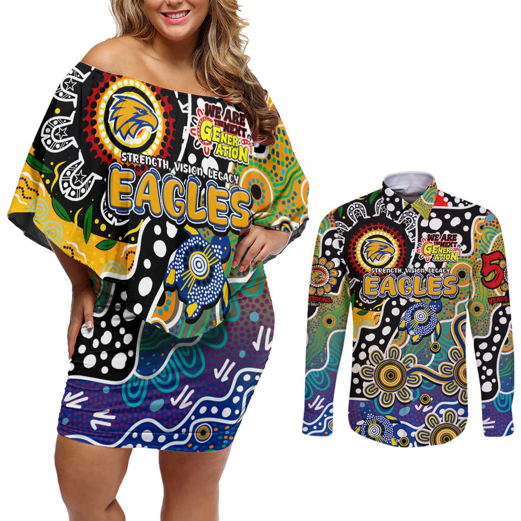 Personalised Eagles AFL Celebrating 50 Years of Naidoc Couples Matching Off Shoulder Short Dress and Long Sleeve Button Shirt NAIDOC Week 2025 Aboriginal