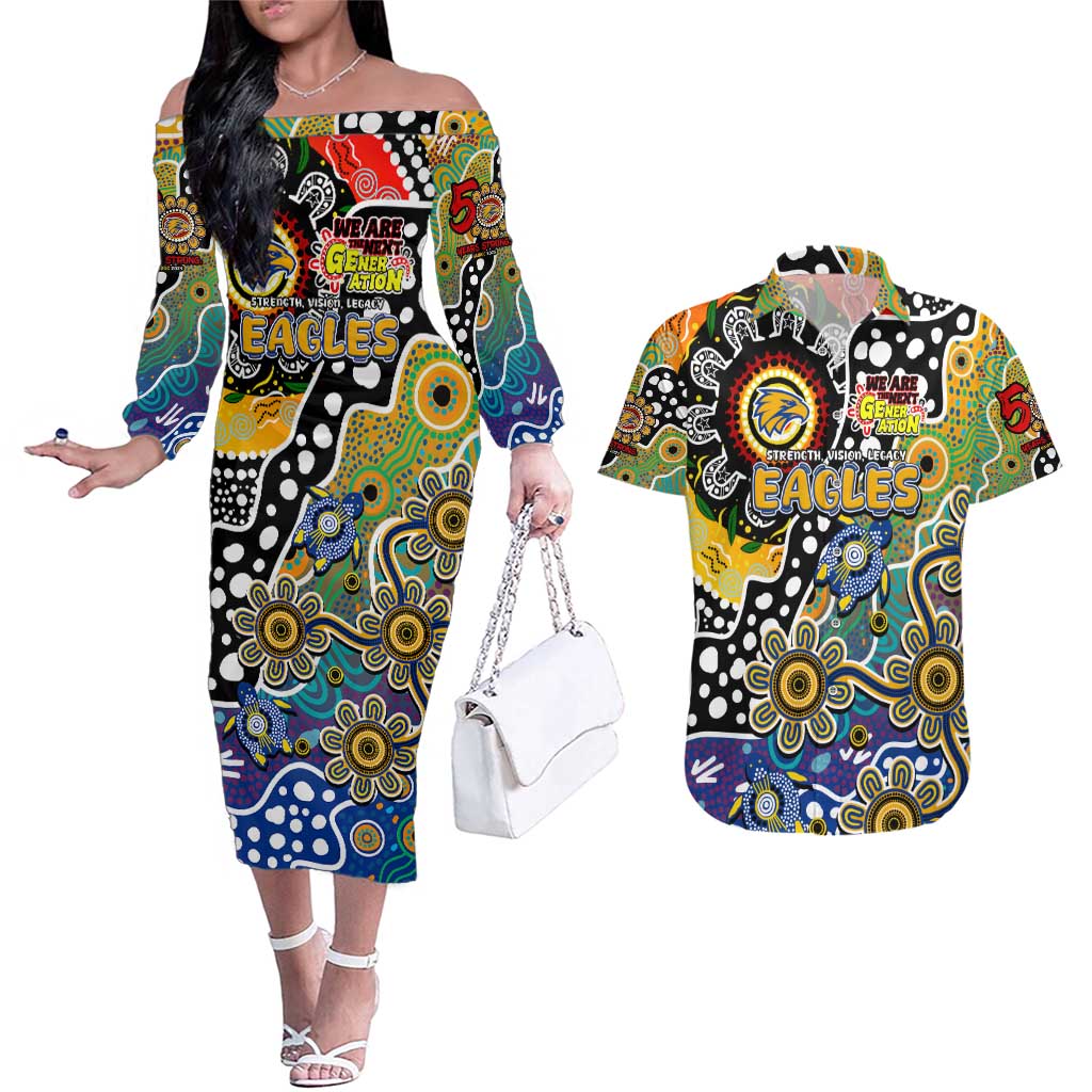 Personalised Eagles AFL Celebrating 50 Years of Naidoc Couples Matching Off The Shoulder Long Sleeve Dress and Hawaiian Shirt NAIDOC Week 2025 Aboriginal