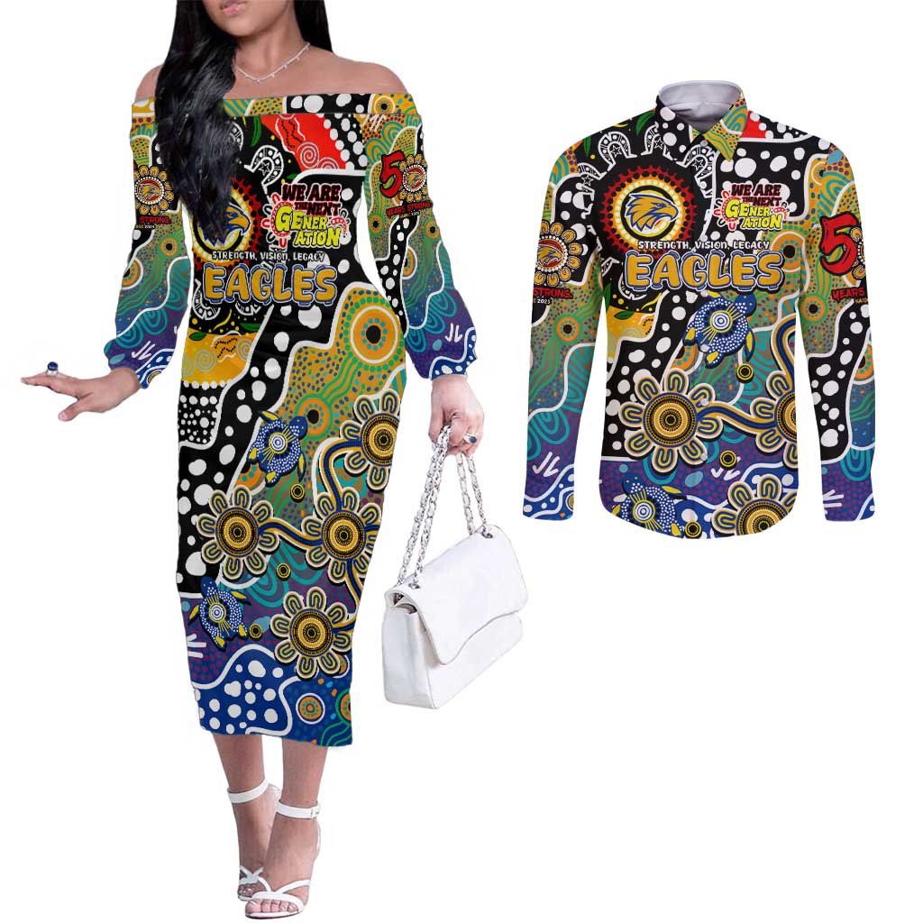 Personalised Eagles AFL Celebrating 50 Years of Naidoc Couples Matching Off The Shoulder Long Sleeve Dress and Long Sleeve Button Shirt NAIDOC Week 2025 Aboriginal