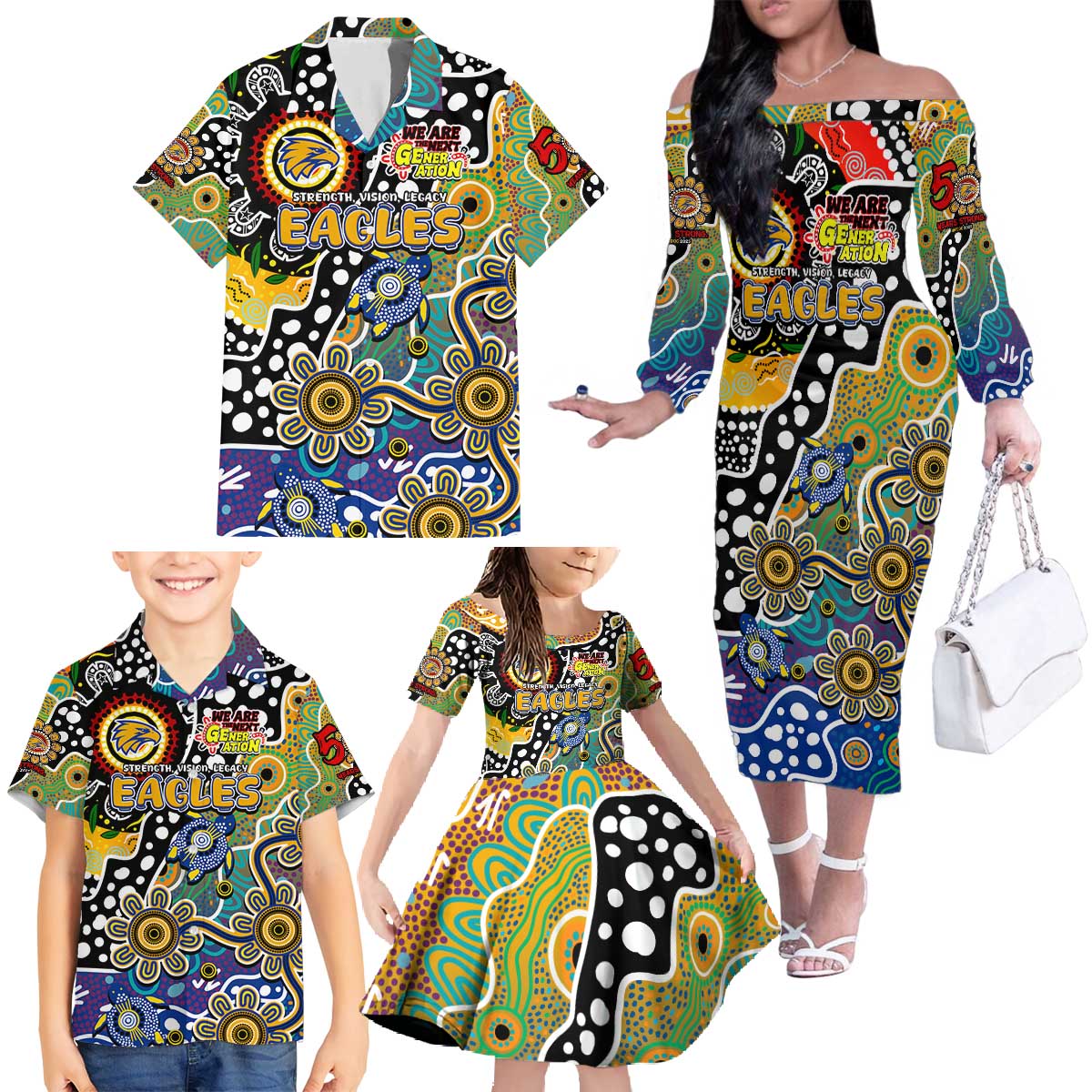 Personalised Eagles AFL Celebrating 50 Years of Naidoc Family Matching Off The Shoulder Long Sleeve Dress and Hawaiian Shirt NAIDOC Week 2025 Aboriginal