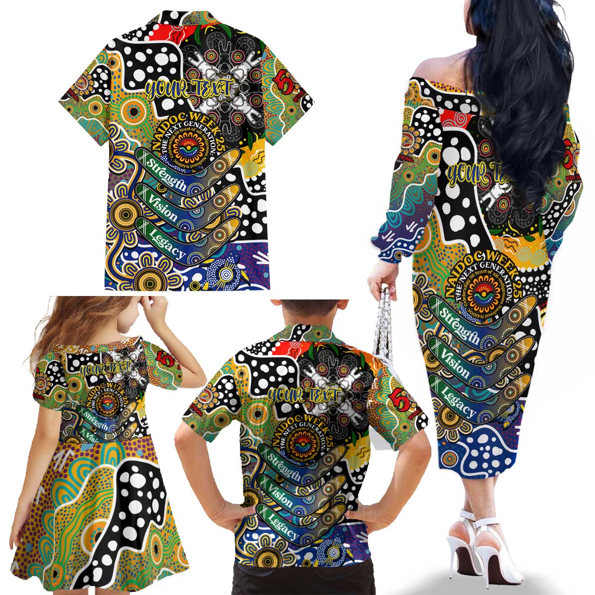 Personalised Eagles AFL Celebrating 50 Years of Naidoc Family Matching Off The Shoulder Long Sleeve Dress and Hawaiian Shirt NAIDOC Week 2025 Aboriginal