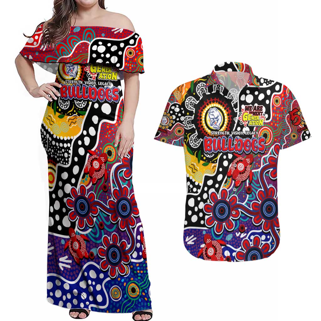 Personalised Bulldogs AFL Celebrating 50 Years of Naidoc Couples Matching Off Shoulder Maxi Dress and Hawaiian Shirt NAIDOC Week 2025 Aboriginal