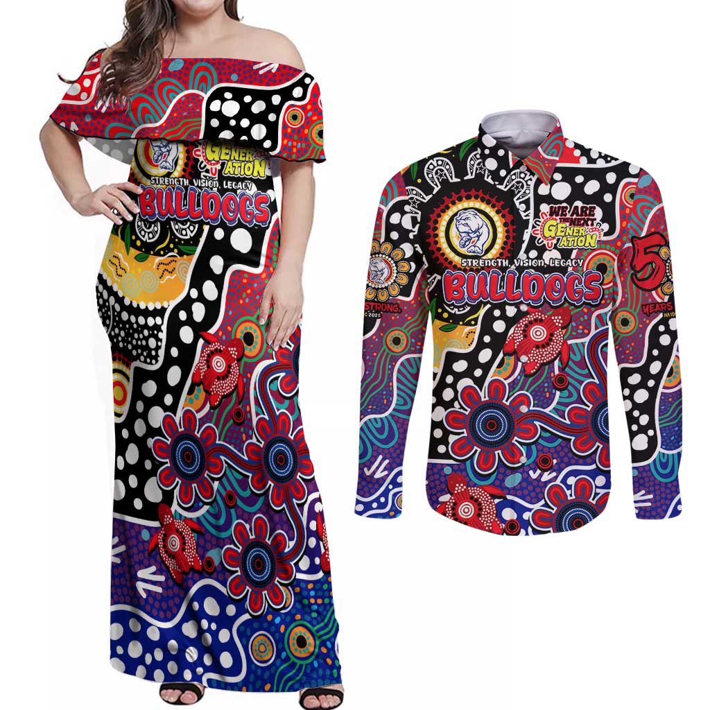 Personalised Bulldogs AFL Celebrating 50 Years of Naidoc Couples Matching Off Shoulder Maxi Dress and Long Sleeve Button Shirt NAIDOC Week 2025 Aboriginal