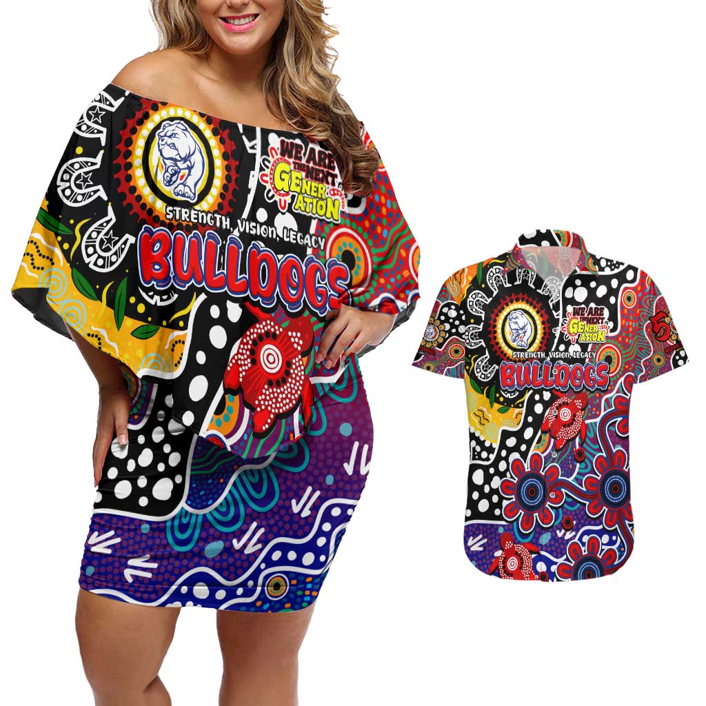 Personalised Bulldogs AFL Celebrating 50 Years of Naidoc Couples Matching Off Shoulder Short Dress and Hawaiian Shirt NAIDOC Week 2025 Aboriginal