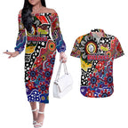 Personalised Bulldogs AFL Celebrating 50 Years of Naidoc Couples Matching Off The Shoulder Long Sleeve Dress and Hawaiian Shirt NAIDOC Week 2025 Aboriginal