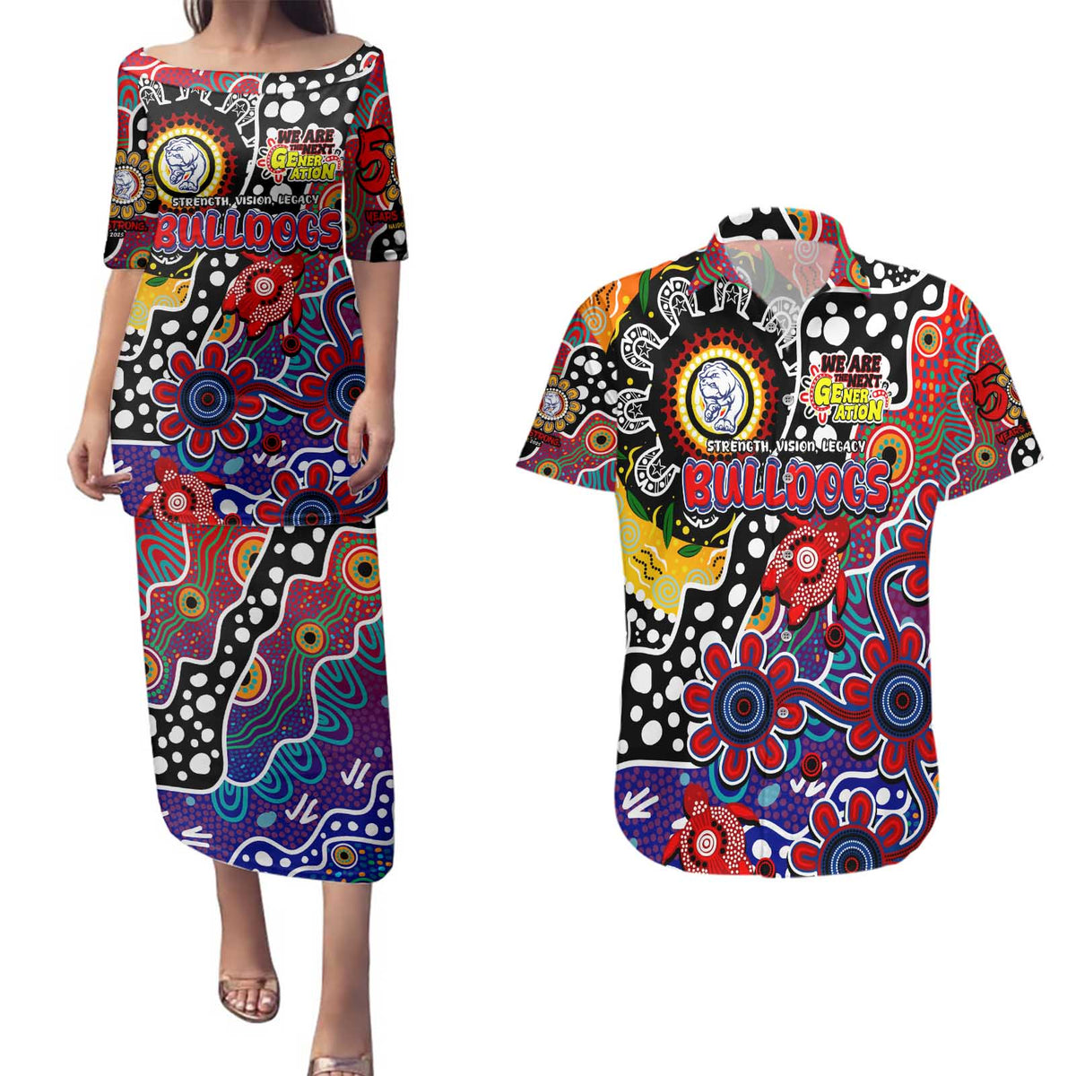Personalised Bulldogs AFL Celebrating 50 Years of Naidoc Couples Matching Puletasi and Hawaiian Shirt NAIDOC Week 2025 Aboriginal