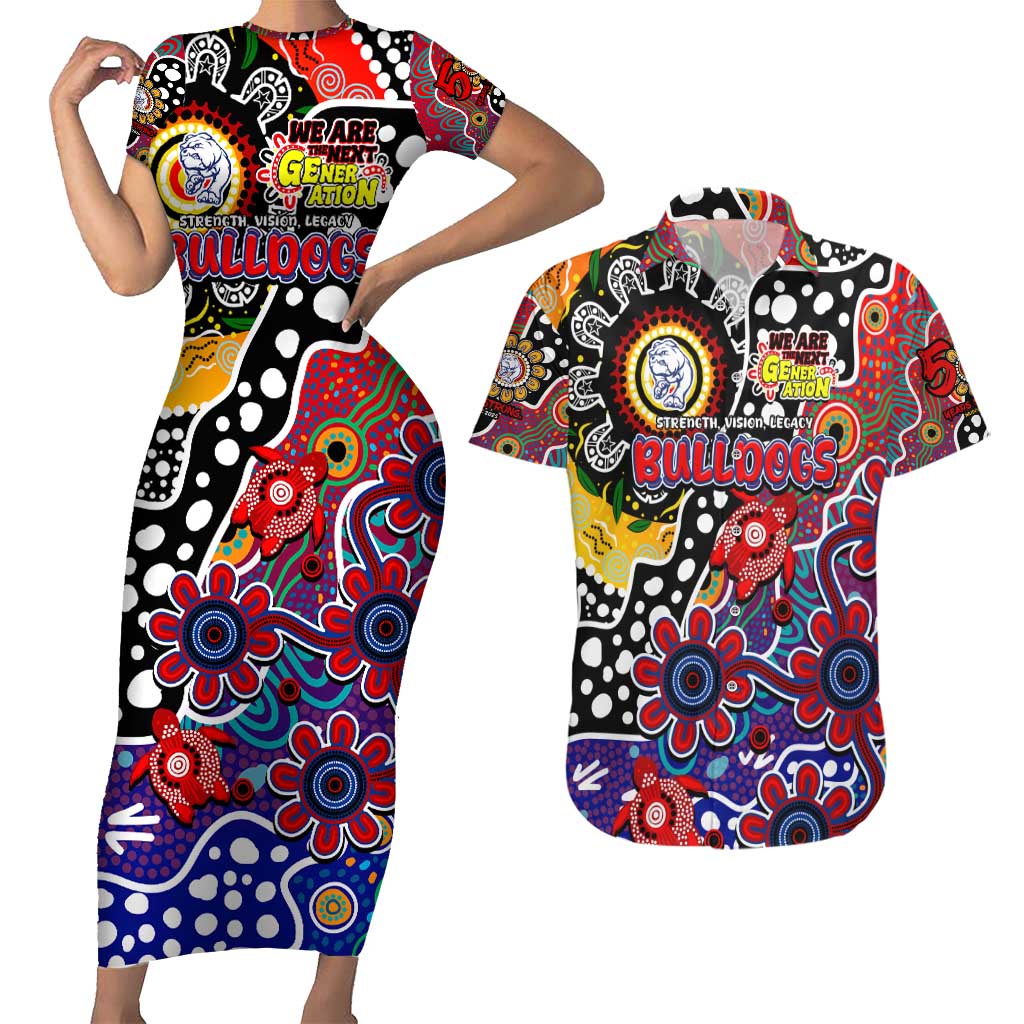 Personalised Bulldogs AFL Celebrating 50 Years of Naidoc Couples Matching Short Sleeve Bodycon Dress and Hawaiian Shirt NAIDOC Week 2025 Aboriginal