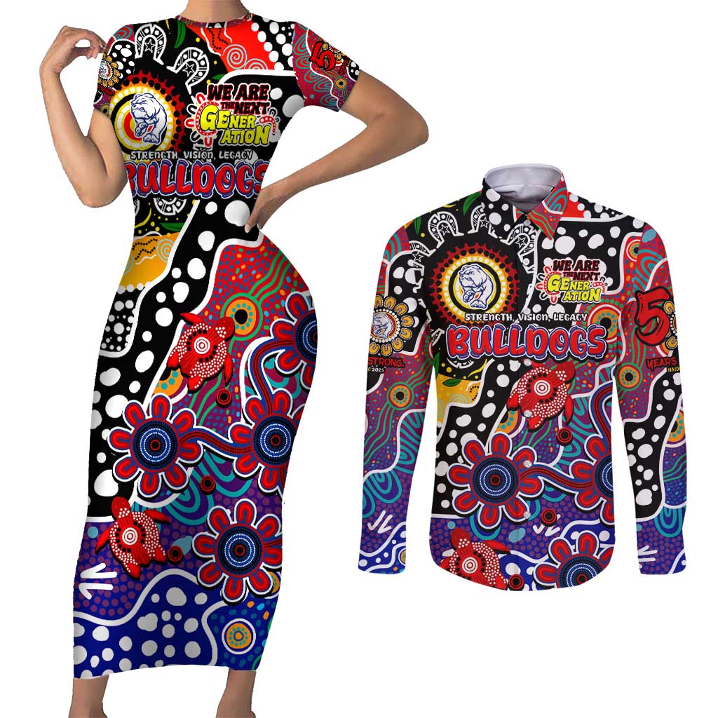 Personalised Bulldogs AFL Celebrating 50 Years of Naidoc Couples Matching Short Sleeve Bodycon Dress and Long Sleeve Button Shirt NAIDOC Week 2025 Aboriginal