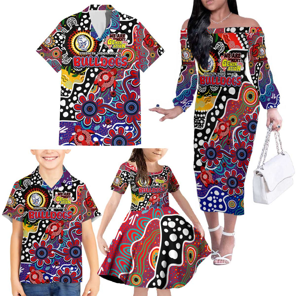 Personalised Bulldogs AFL Celebrating 50 Years of Naidoc Family Matching Off The Shoulder Long Sleeve Dress and Hawaiian Shirt NAIDOC Week 2025 Aboriginal
