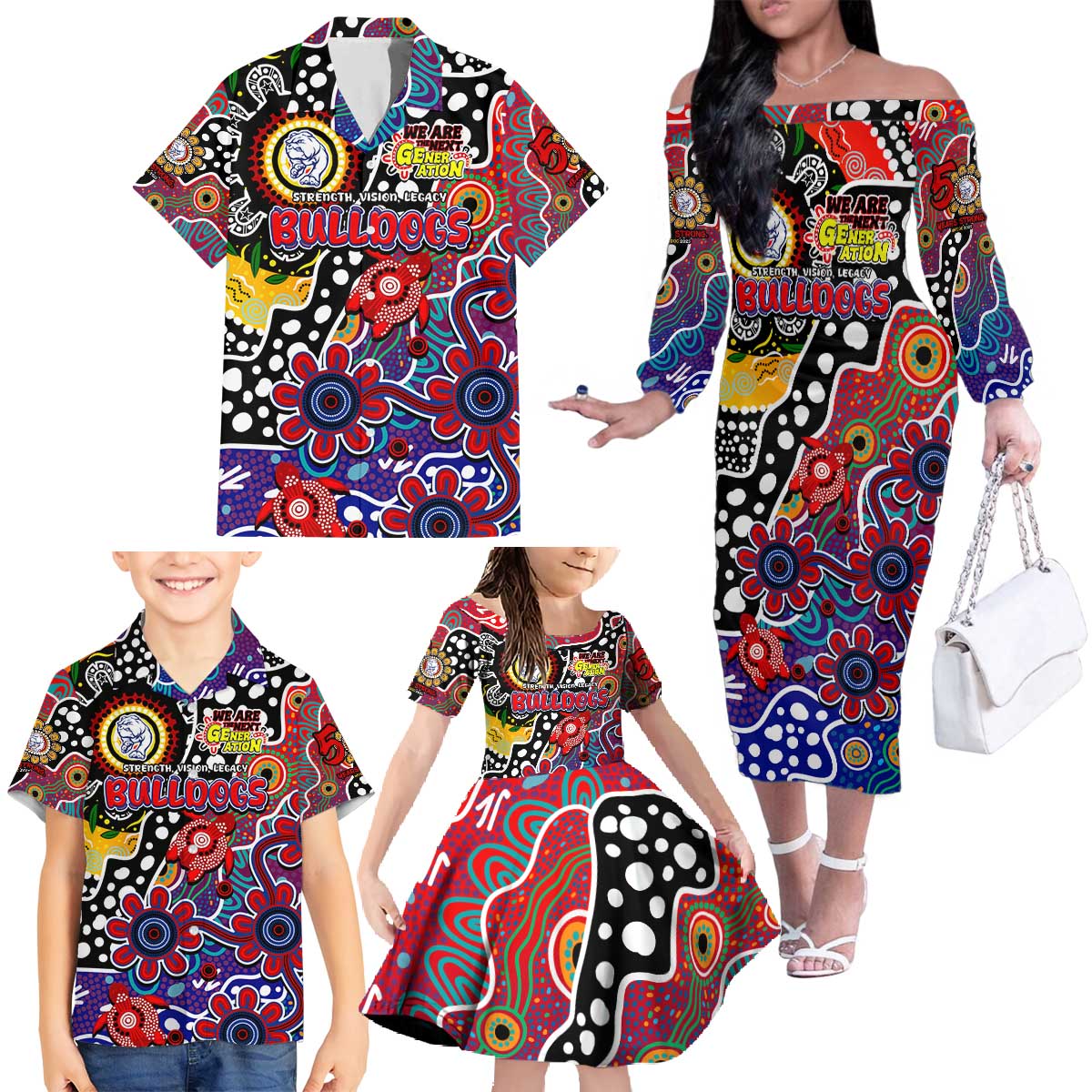 Personalised Bulldogs AFL Celebrating 50 Years of Naidoc Family Matching Off The Shoulder Long Sleeve Dress and Hawaiian Shirt NAIDOC Week 2025 Aboriginal