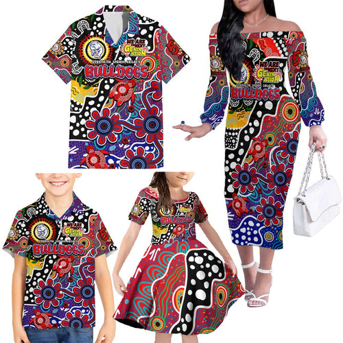 Personalised Bulldogs AFL Celebrating 50 Years of Naidoc Family Matching Off The Shoulder Long Sleeve Dress and Hawaiian Shirt NAIDOC Week 2025 Aboriginal