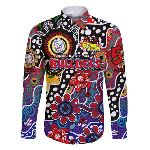 Personalised Bulldogs AFL Celebrating 50 Years of Naidoc Family Matching Off The Shoulder Long Sleeve Dress and Hawaiian Shirt NAIDOC Week 2025 Aboriginal