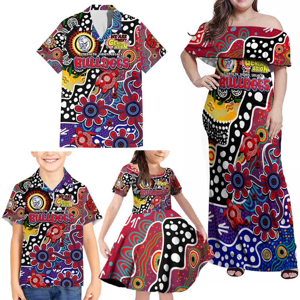 Personalised Bulldogs AFL Celebrating 50 Years of Naidoc Family Matching Off Shoulder Maxi Dress and Hawaiian Shirt NAIDOC Week 2025 Aboriginal