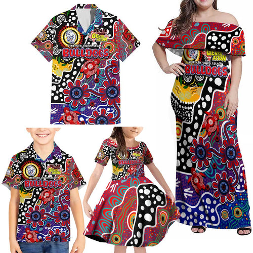Personalised Bulldogs AFL Celebrating 50 Years of Naidoc Family Matching Off Shoulder Maxi Dress and Hawaiian Shirt NAIDOC Week 2025 Aboriginal
