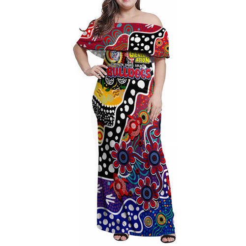 Personalised Bulldogs AFL Celebrating 50 Years of Naidoc Family Matching Off Shoulder Maxi Dress and Hawaiian Shirt NAIDOC Week 2025 Aboriginal