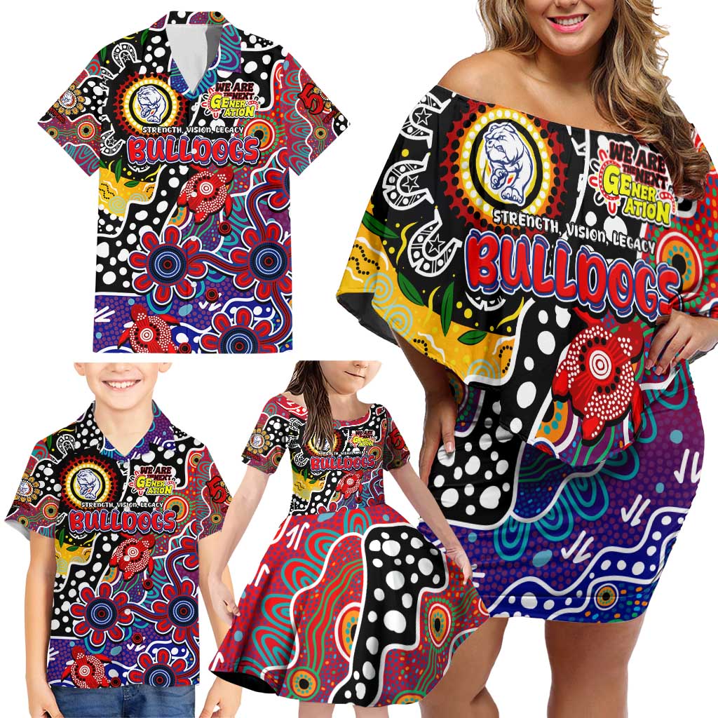 Personalised Bulldogs AFL Celebrating 50 Years of Naidoc Family Matching Off Shoulder Short Dress and Hawaiian Shirt NAIDOC Week 2025 Aboriginal