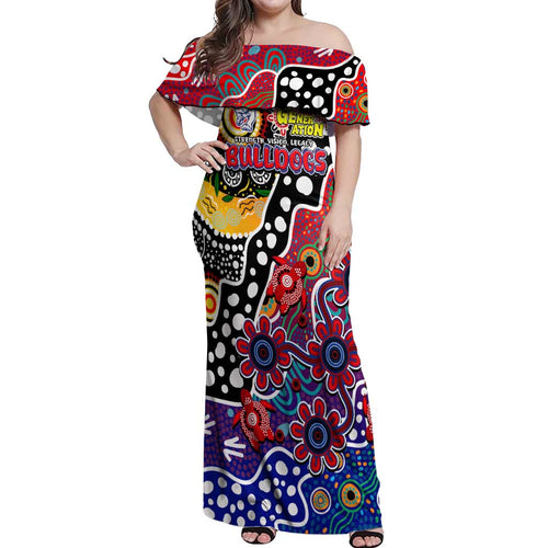Personalised Bulldogs AFL Celebrating 50 Years of Naidoc Off Shoulder Maxi Dress NAIDOC Week 2025 Aboriginal